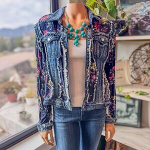 Adore Distressed Denim Jacket w/ Sheer Floral Accents & Sleeves, Women's Medium